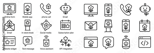 Communication icons with phone laptop app minimal