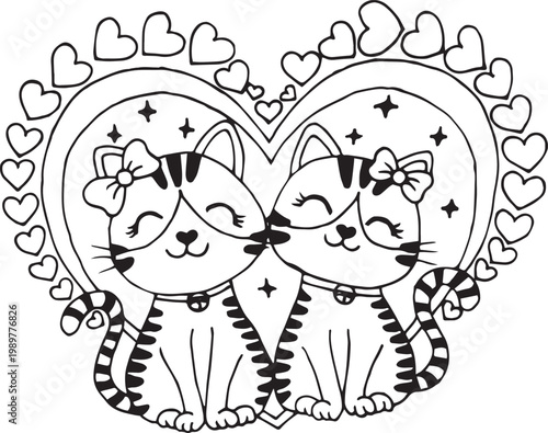 black and white coloring page illustration featuring two cute cats cuddling inside a large heart shape made of smaller hearts. 