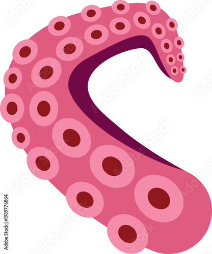 Pink octopus tentacle with suction cups extending on a white background