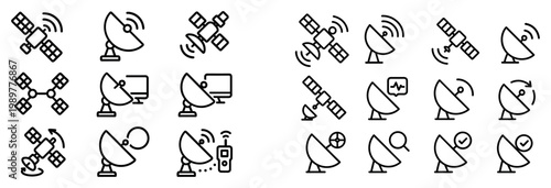 Satellite icons with dish antenna outline