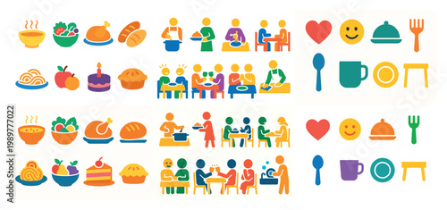 Colorful food and people icons set