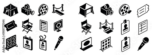 Cinema icons with tent camera ticket outline bold