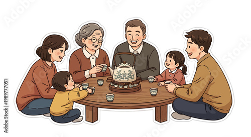 Happy family with children and grandparents sitting around a table with cake