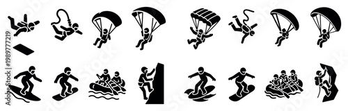 Adventure icons with parachute raft surfer bold