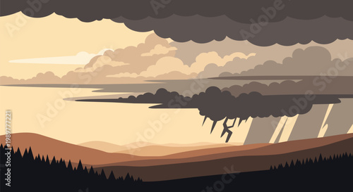 Dramatic Pixel Art Landscape: Stormy Sky with Lightning over Rolling Hills