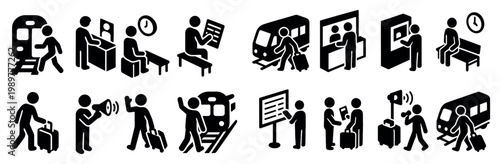Transit icons with train passenger suitcase minimal