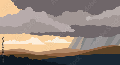 Stormy Sky Over Desert Hills, Dramatic Clouds and Rain Shower