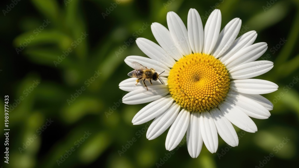 Fototapeta premium A bee collecting nectar from a beautiful white daisy flower in a garden