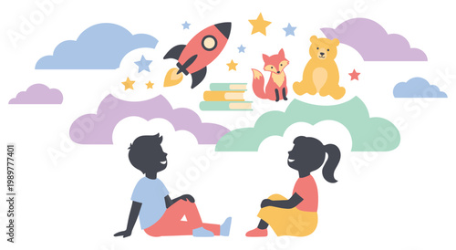 Silhouette of boy and girl playing with imaginary toys. Colorful clouds containing rocket ship and fox with teddy bear. Education concept showing childhood creativity and storytelling art.