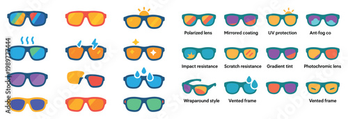 Eyewear icons with sunglasses lens frame colorful