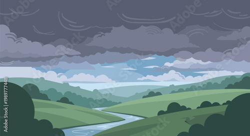 Pixel Art Landscape: Winding River Through Green Hills Under Stormy Sky