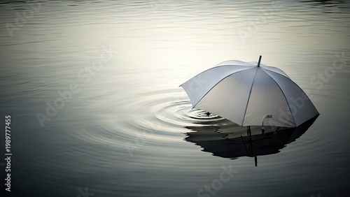 A white umbrella floating on calm water with ripples and sunlight reflection