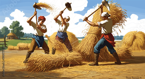 Traditional Wheat Threshing Scene with Workers Harvesting Grain by Hand in Rural Farm Field for Agriculture and Culture DesignsTraditional Wheat Threshing Scene with Workers Harvesting Grain by 