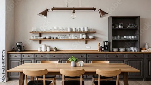 A modern kitchen with a large wooden dining table and gray cabinets