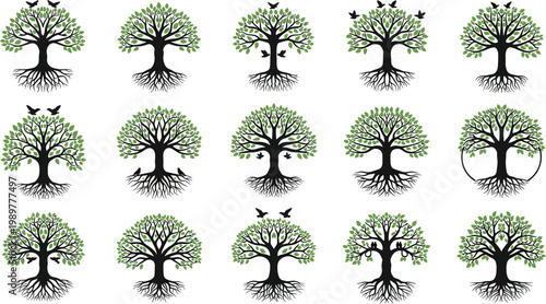 :
Tree of Life Icon Set with Deep Roots, Green Canopy, Birds, and Circle Frame for Spiritual, Nature, and Wellness Brand Designs:
Tree of Life Icon Set with Deep Roots, Green Canopy, 