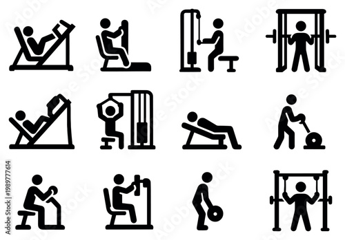 Fitness icons with bench and barbell solid glyph