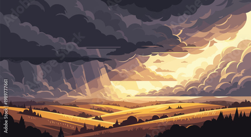 Dramatic Pixel Art Sunset Over Golden Fields with Stormy Clouds