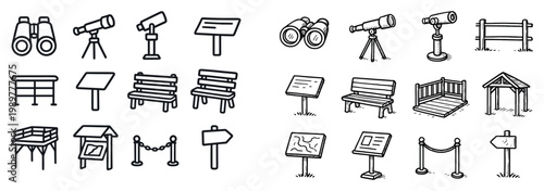 Park icons with bench telescope sign outline