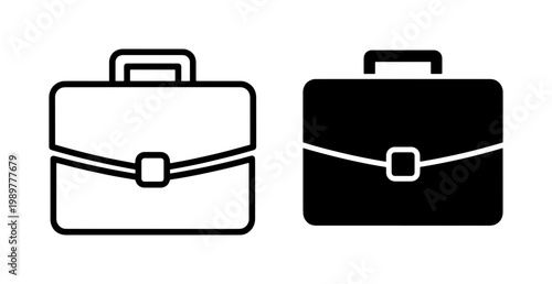 Minimalist briefcase icon set, professional business bag vector symbols, black outline and solid silhouette office portfolio graphics for web UI