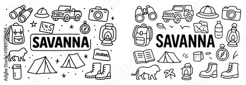 Savanna icons with binoculars jeep tent outline