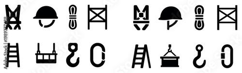 Construction safety icons with helmet ladder harness outline