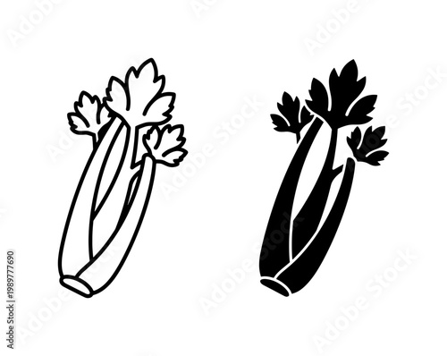 Celery stalk vector icons, minimalist black and white vegetable line art, fresh organic celery bunch silhouettes for healthy food branding