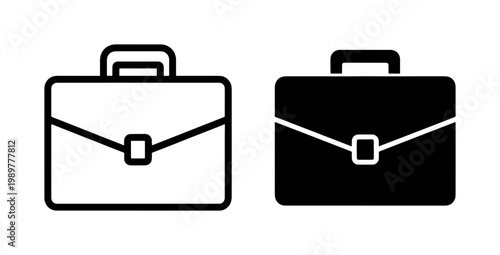 Minimalist briefcase icon set, professional business bag vector symbols, black outline and solid silhouette office portfolio graphics for web design