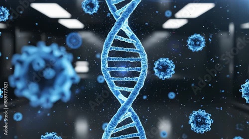 Blue dna double helix structure with viruses in the background