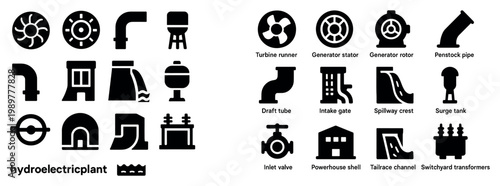 Hydroelectric icons with turbine penstock powerhouse minimal