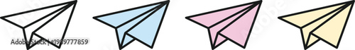 Paper airplane icon set with colorful folded designs. Minimal line vector illustration for travel, message, or startup concept. Clean geometric symbol collection in pastel tones for modern use.