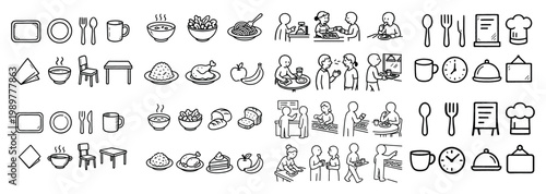 Dining experience illustrated icons set