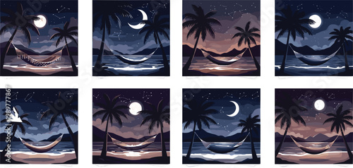 Tropical Night Beach Scene Icon Set with Hammock, Palm Tree Silhouettes, Crescent Moon, and Starry Sky for Summer and Travel Designs
Tropical Night Beach Scene Icon Set with Hammock, 
