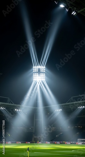 Powerful stadium floodlights illuminate the dark playing field from high towers