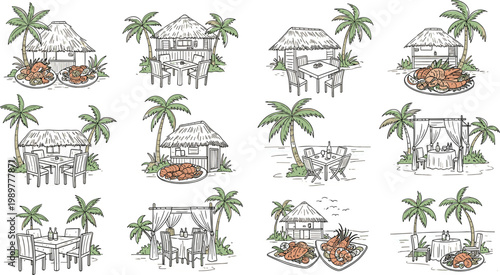 Tropical Beach Hut and Seaside Village Scene Icon Set with Palm Trees, Stilt Houses, and Island Life for Travel and Resort DesignsTropical Beach Hut and Seaside 