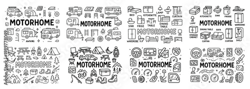Motorhome camping elements and outdoor equipment icons