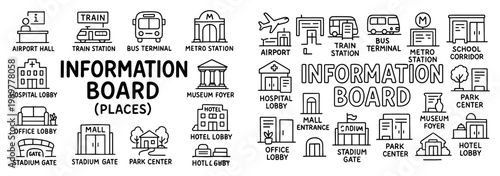 Travel icons with train bus metro outline