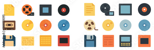 Media icons with cassette cd floppy flat