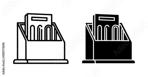 Minimalist office file holder icons, black and white document organizer vector set, professional desk stationery storage symbols for business workspace