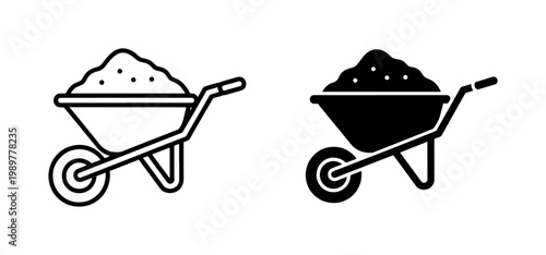 Construction wheelbarrow icon set, garden wheel barrow with soil or sand, industrial equipment vector illustrations in outline and solid black styles