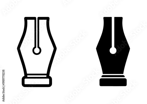 Minimalist fountain pen nib icons, black ink pen tip vector set, professional calligraphy and graphic design tool symbols on white background