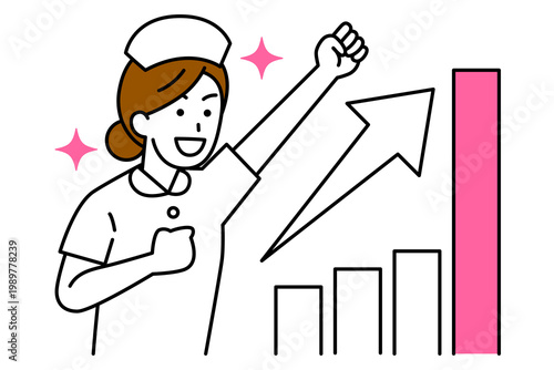 成長するグラフとガッツポーズで喜ぶ女性看護師