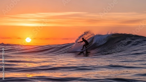 A surfer rides a wave during a vibrant sunset over the ocean