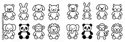 Toy icons with bear rabbit dog cat outline