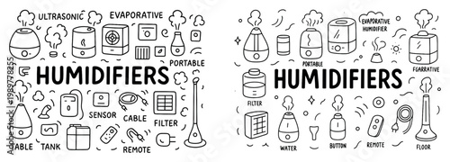Humidifier icons with tank filter and remote handdrawn