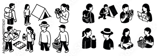 Outdoor icons with hiker camper photographer flat