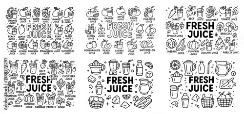 Fresh juice illustrations with fruits and vegetables