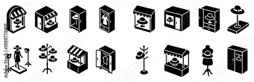Retail icons with shop and mannequin isometric minimal