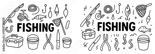 Fishing icons with rod hook outline