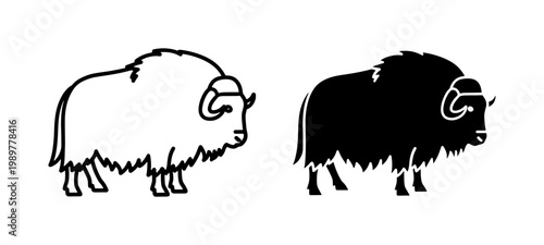 Minimalist musk ox vector icons, black silhouette and line art muskox illustrations, arctic wildlife animal symbols for nature logos and education