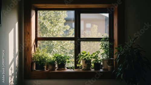 A serene indoor garden with potted plants on a window sill